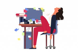 دختر کارتونی خسته از انجام کارها پشت میز کار