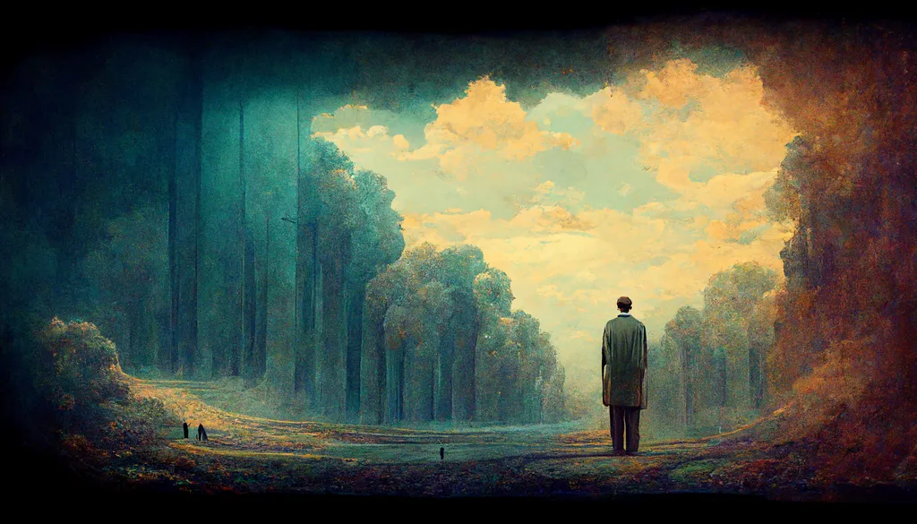 مقصد از خلقت انسان چیست؟_اسکوار 22 مرد در نمای نقاشی درختان سبز پاییزی و آسمان